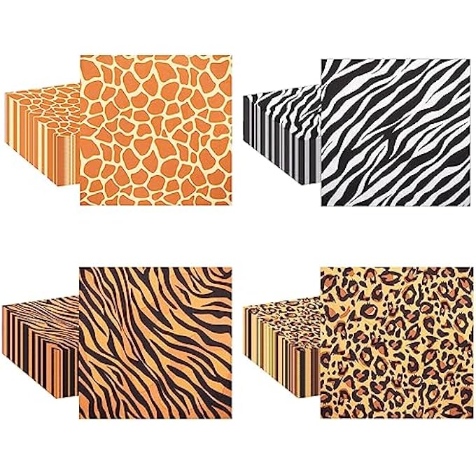 PACK OF 80 SAFARI NAPKINS WITH ANIMAL PRINTSLEOPARD, ZEBRA, TIGER, GIRAFFE FOR KIDS BIRTHDAY PARTY, BABY SHOWER, JUNGLE SAFARI THEME PARTY DECORATION - Image 1